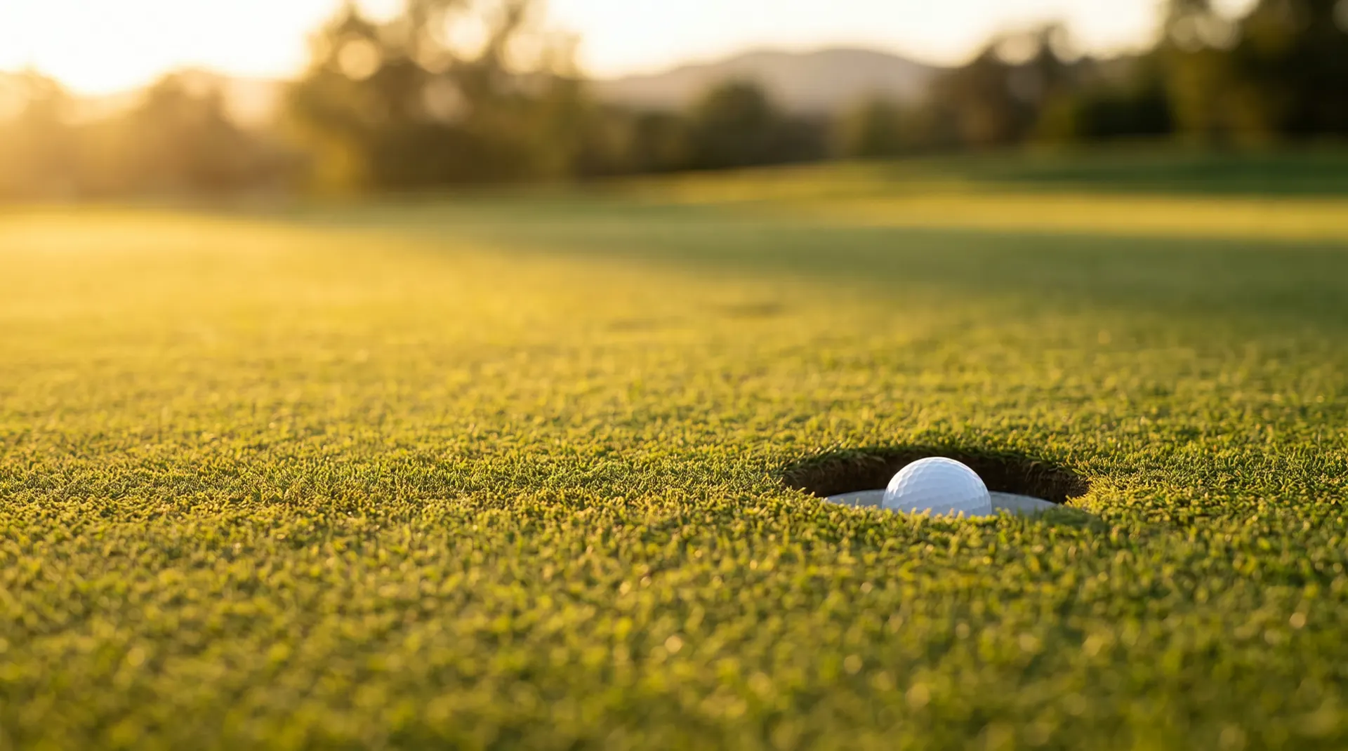 Golfball liegt im Loch auf dem Grün im Abendlicht