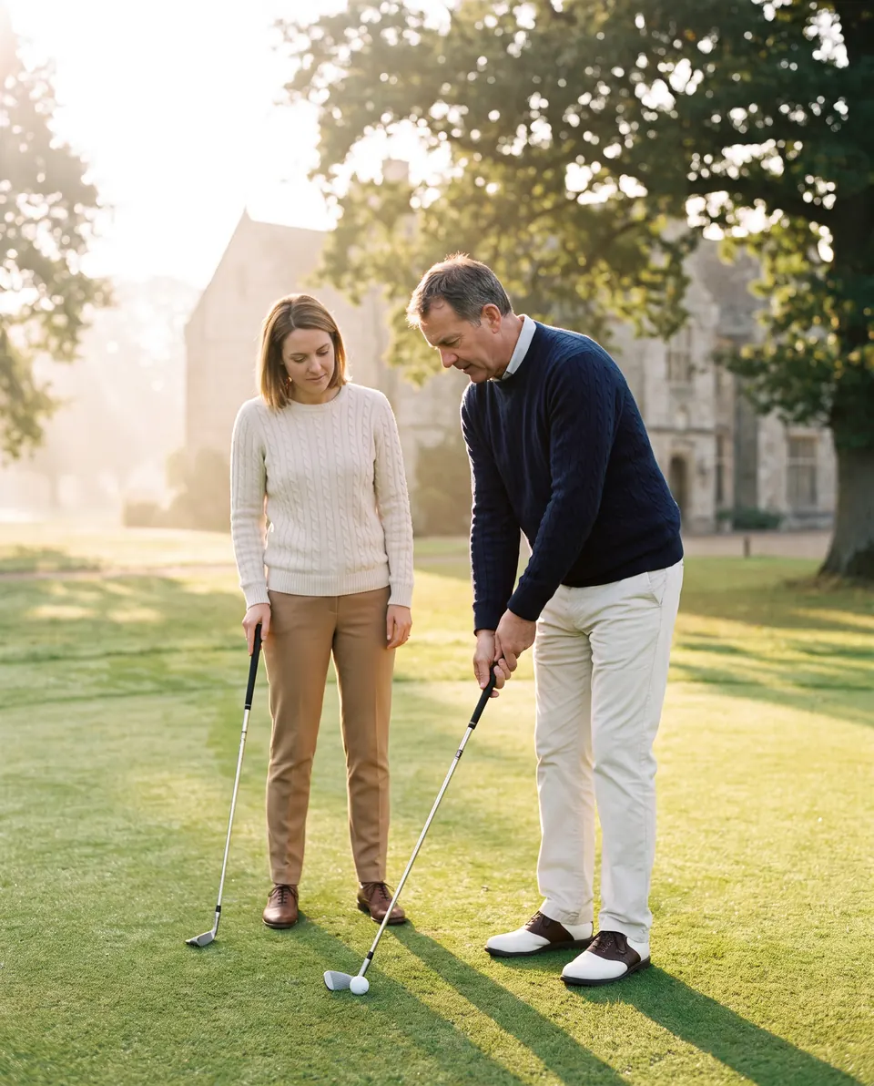 Golferin mit Schläger auf der Übungswiese vor dem Schloss