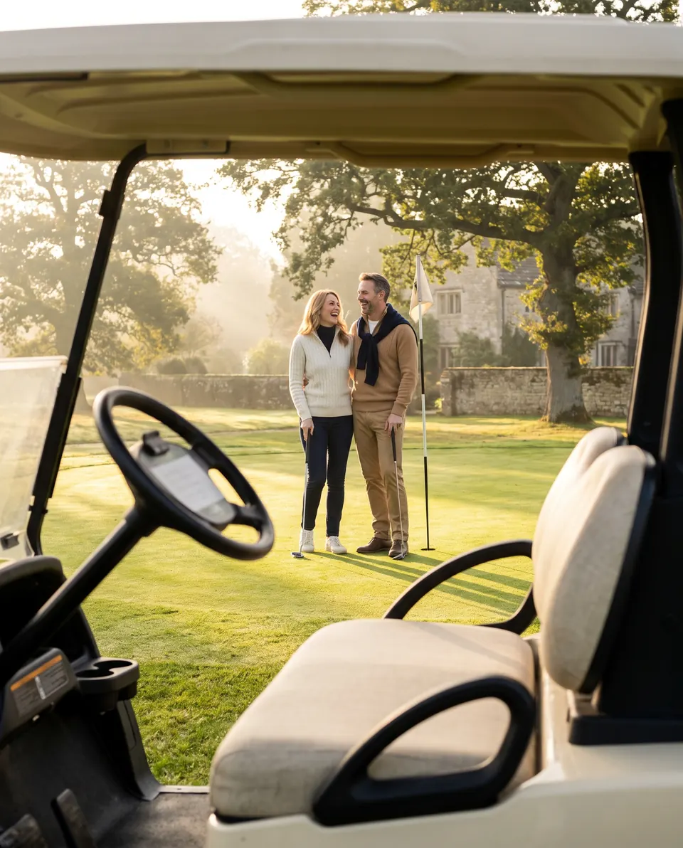 Paar steht lächelnd am Grün, im Vordergrund ein Golfcart